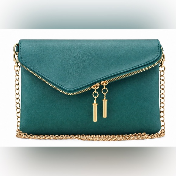 Handbags - Teal Envelope Chain Crossbody Bag with Gold Hardware